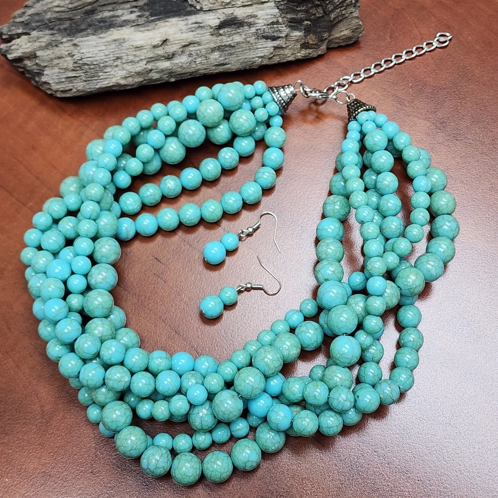 Vintage Chunky Faux Turquoise Beaded Statement Necklace and Pierced Earring Set - Picture 2 of 9